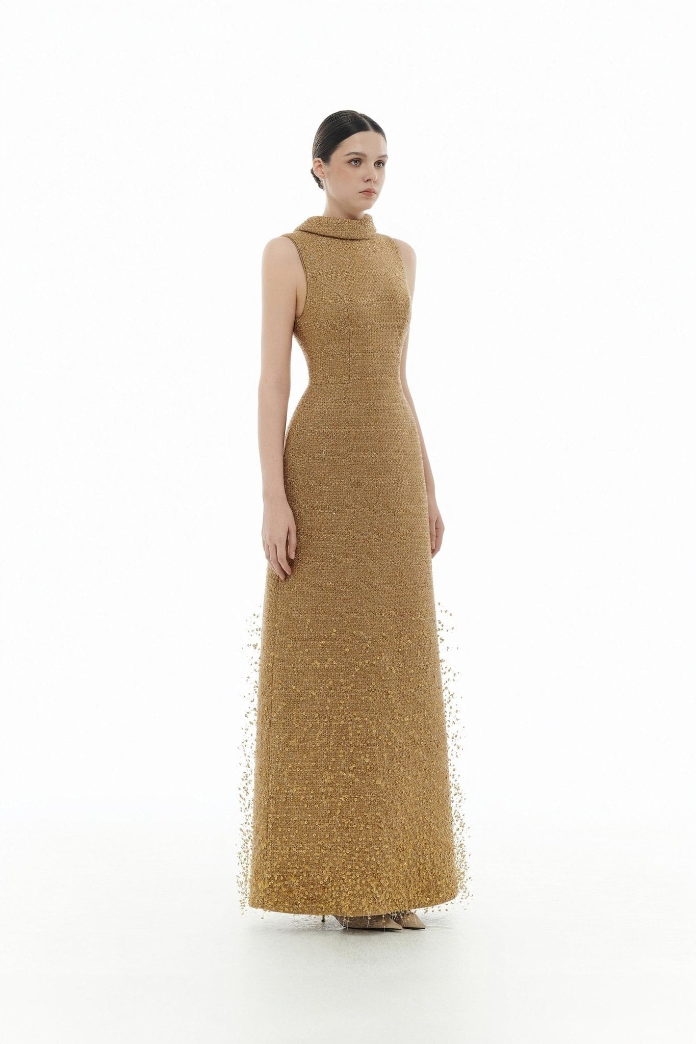 Camel Crystal Beaded Tweed Dress