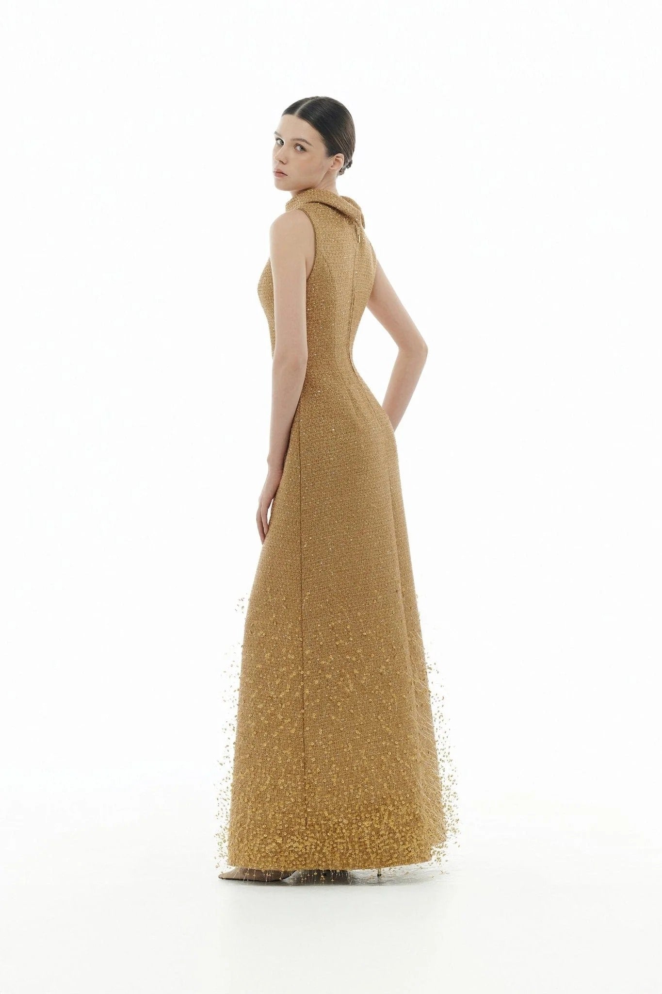 Camel Crystal Beaded Tweed Dress
