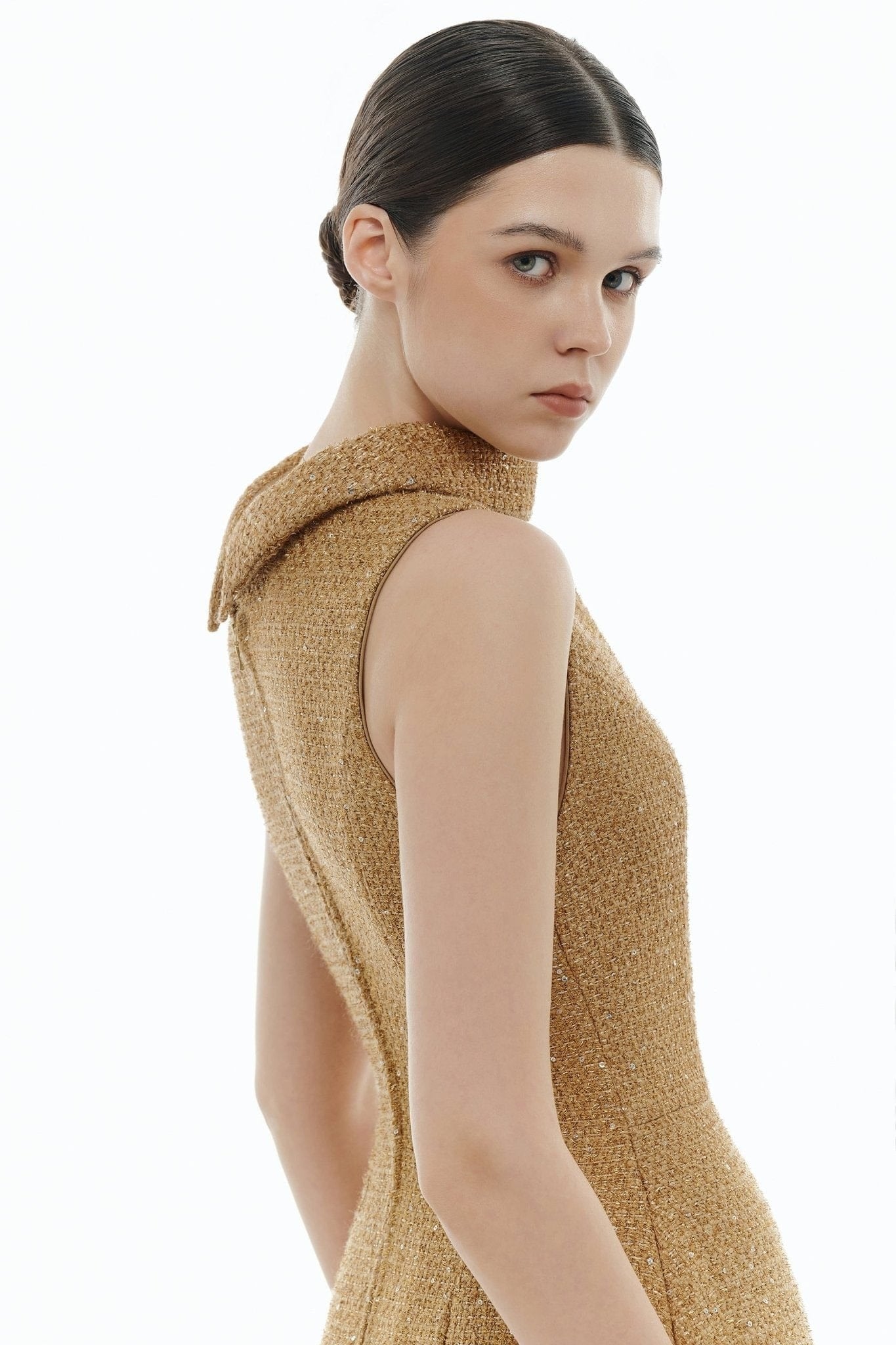 Camel Crystal Beaded Tweed Dress